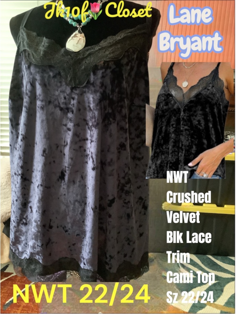 LOWEST🌺 NWT LANE BRYANT Sz 22/24 CRUSHED VELVET BLACK LACE TRIM CAMI TOP